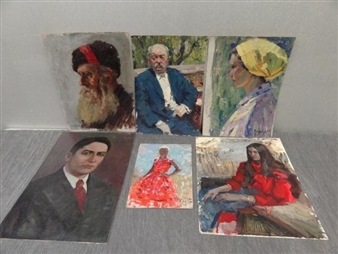 6 works: Man with beard; Seated man in suit seated; Woman in kerchief; Portrait of a young man; Lady in red dress - Vladimir Andreevitch Korobov