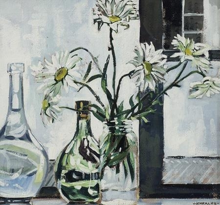 2 Works: Slave bells beside a Cape Dutch cottage; Still life with decanters & daisies in a vase by Richard Cheales, 1946