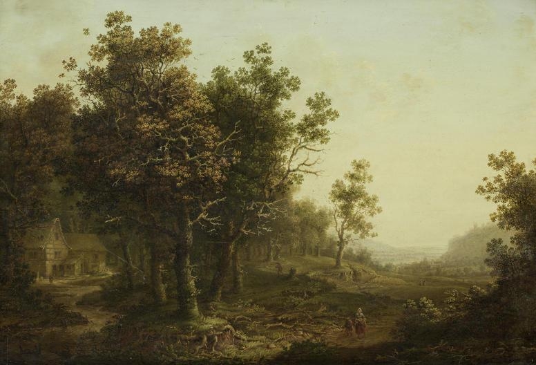 Artwork by Bernhard Gottfried Manskirch, Travellers in a wooded landscape with a cottage in the distance, Made of oil on panel
