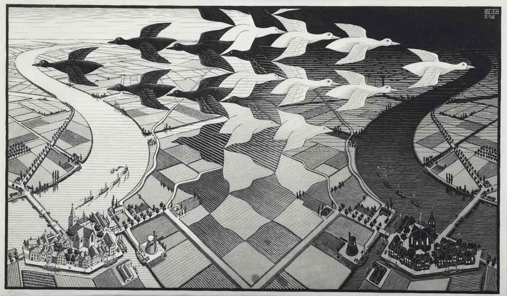 Artwork by Maurits Cornelis Escher, Dag en nacht; day and night, Made of woodcut in grey and black
