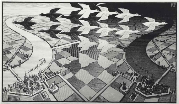 Dag en nacht; day and night by Maurits Cornelis Escher, 1938