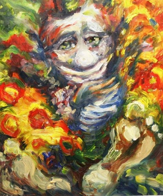 Artwork by Lisa Buchanan, Figure with Smiling Face in Landscape, Made of oil on board