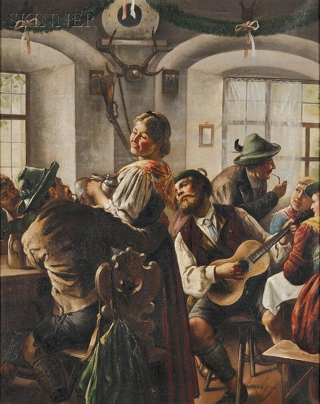 The Happy Barmaid in a Tavern Interior by Max Kaufmann