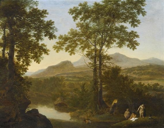 Italian landscape with tall trees and bathing nymphs in the river by Willem de Heusch