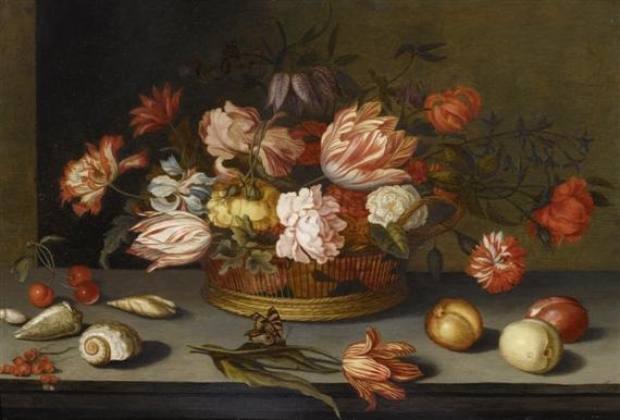 Still life with flowers in a plaited basket by Balthasar van der Ast, 1625