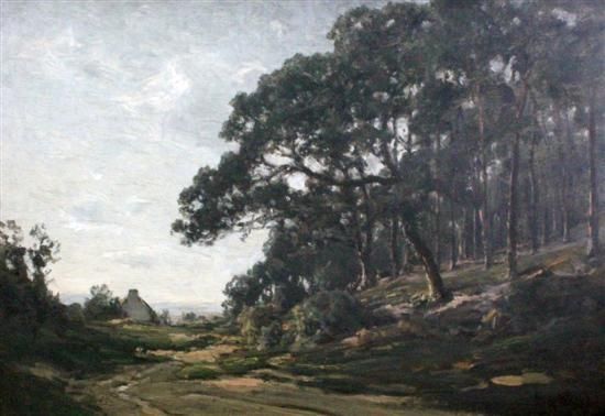 Victorian School, 19th Century | Cottage and pine trees in a landscape ...