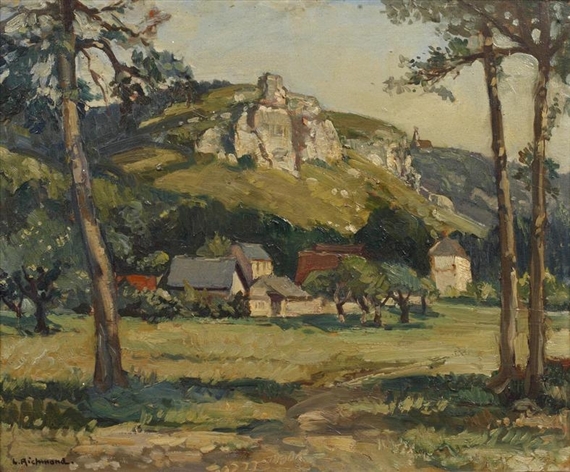 Farm buildings beneath a rocky outcrop by Leonard Richmond