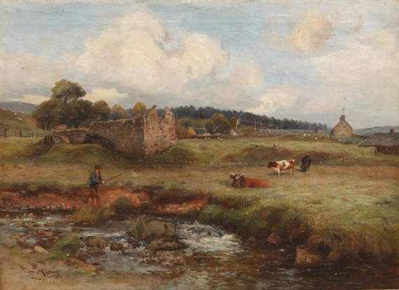 Angler by a river, believed to be Medwins Water, Lanarkshire by James Scott Kinnear
