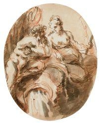 Artwork by Felix Christoph Cajetan Fuchs, Juno asks Aeolus, to scatter Aeneas' ships, Made of Brown pen, brown wash over red chalk