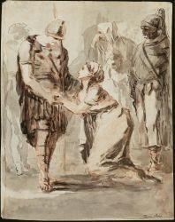 Mythological scene with kneeling woman supplicating a warrior