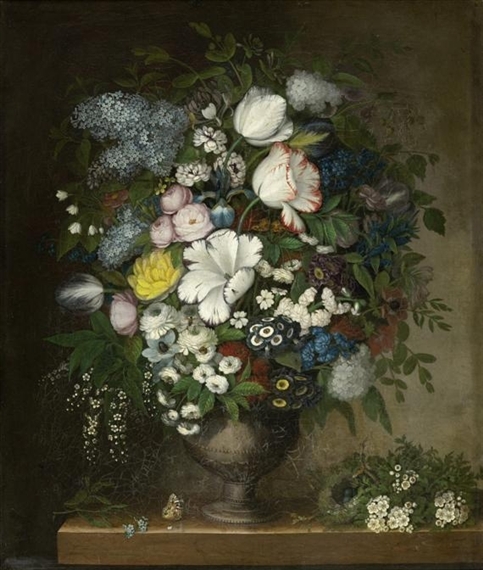 Still life with tulips, lilacs and peonies in an urn with birds and butterfly - Charity Mansell
