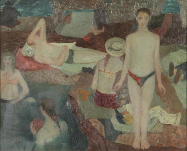 Artwork by Sigmund Bukowski, Bathing figures, Made of oil on board