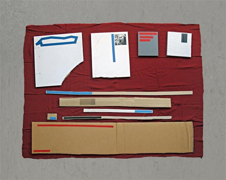 Artwork by Thomas Hirschhorn, Lay-Out (24), Made of four collages of adhesive tape and one magazine photograph on particle boards, six collages of adhesive tape on corrugated board, on cotton cloth