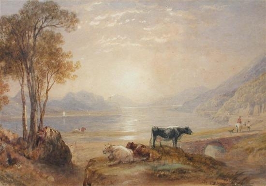 Cattle Watering at Sunset, with a Rider and a Dog on a Track by Henry Gastineau