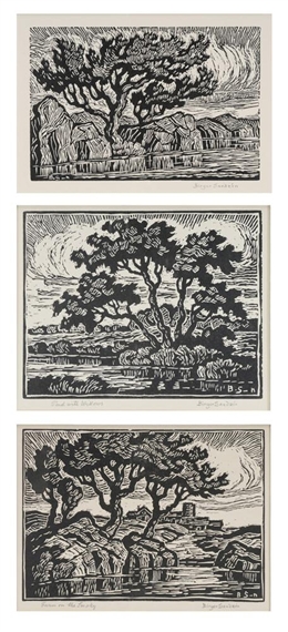 Three woodcuts: Pond With Willows, and Farm on the Smokey with Sunshine Lake by Birger Sandzén