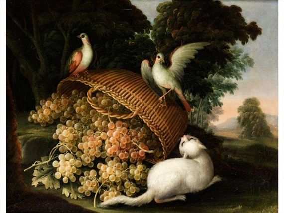 Grape Basket with Cat and Doves by Francesco Malagoli