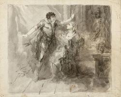 Artwork by Felix Christoph Cajetan Fuchs, Hamlet, Queen and Ghost. From: Shakespeare, Hamlet, Act 3, scene 4, Made of Grey and brown pen, grey wash, black chalk