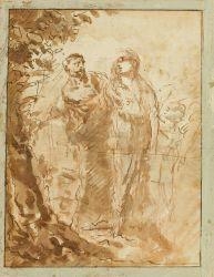 Artwork by Felix Christoph Cajetan Fuchs, Medoro and Angelica incise their names in a tree. From: Orlando Furioso. Verso a further scene, Made of Pen and brush in brown over red chalk