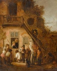 Children begging with a rommelpot player before the door of a farm house by Isack van Ostade