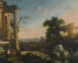 Rest on the flight into Egypt in a landscape with ruins by Pierre Antoine Patel, 1702