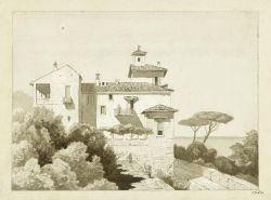 Two works: View of a Romanesque cathedral; Italian landscape with villa - J. Roth