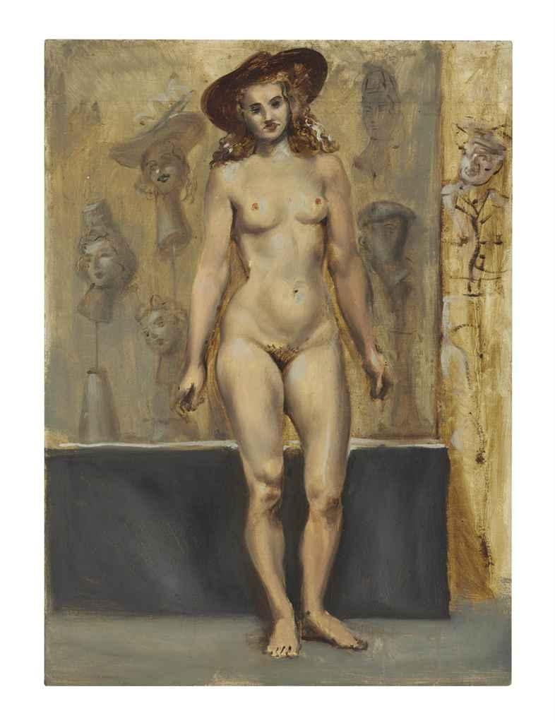Artwork by Reginald Marsh, Untitled (Nude in Hat), Made of oil on gessoed M...
