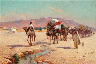 A caravan approaching a stream in Biskra - Alexis Auguste Delahogue
