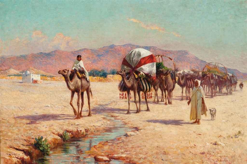 Artwork by Alexis Auguste Delahogue, A caravan approaching a stream in Biskra, Made of oil on canvas