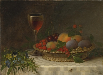 Still Life with a Basket of Fruit, a Glass of Sherry and a Bouquet of Flowers - George A. Beigel