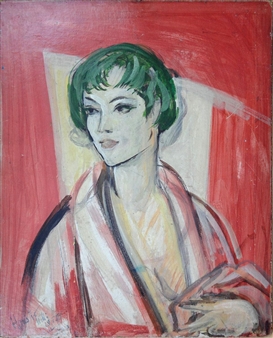 A stylized portrait of a figure with green hair and a kimono-like garment against a bold red background.