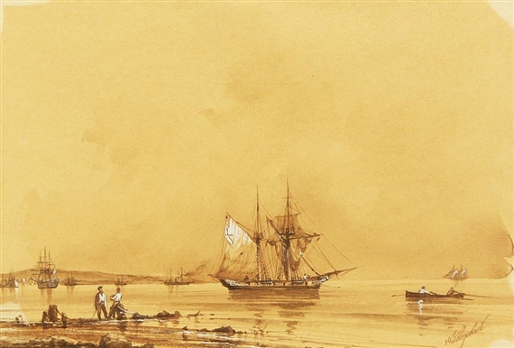 Ships with Figures on a Coastline by Ivan Aivazovsky