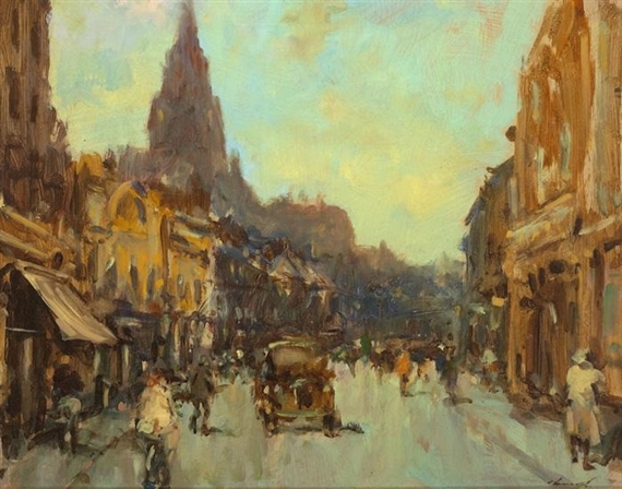 Street Scene with  Morris Minor by Ken Moroney