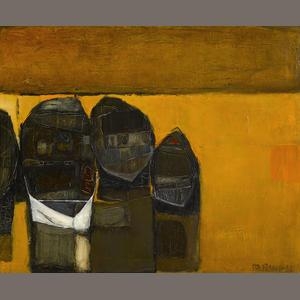 Artwork by Raimonds Staprans, Golden Glow with Boats, Made of oil on canvas