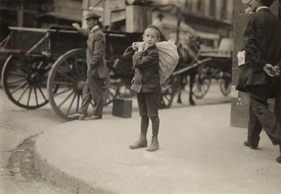 Artwork by Lewis Hine, Boy with large bag (Boston)., Made of Silver print