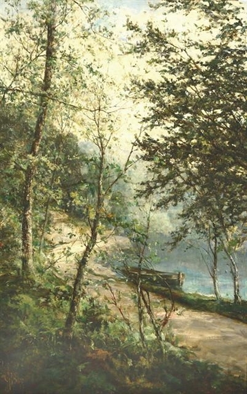 A sweeping lakeside pathway with moored rowing boat by George A. Boyle