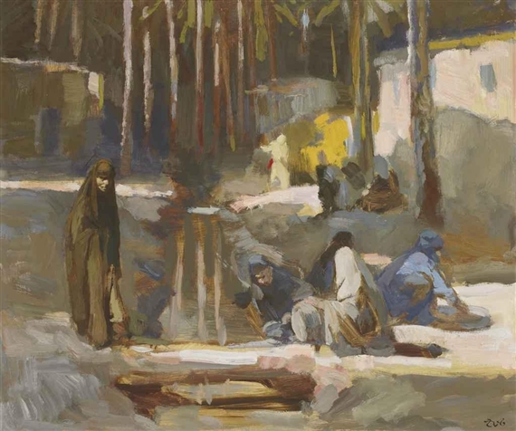 A muted-toned painting of a group of figures in an outdoor setting with tall, slender trees.