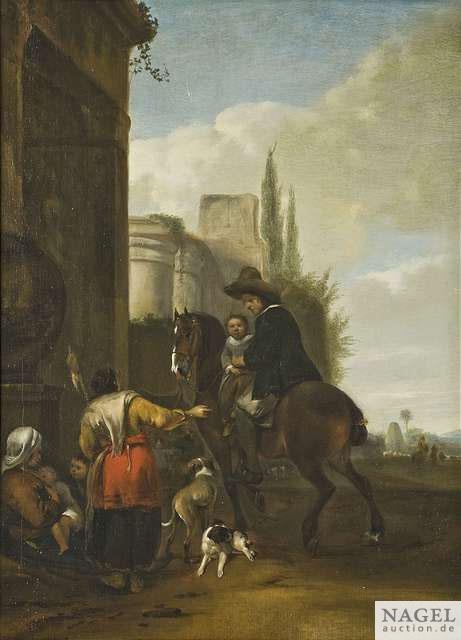 Artwork by Hendrick Verschuring, A horseman with his child resting at a ruin with beggars, Made of Oil on panel