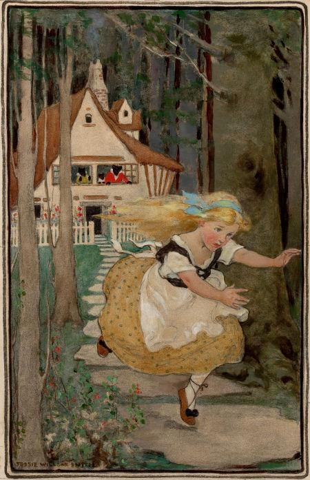 Artwork by Jessie Willcox Smith, Goldilocks and the Three Bears, Swift's Premium Soap Products calendar illustration, Made of Conte crayon and watercolor on board