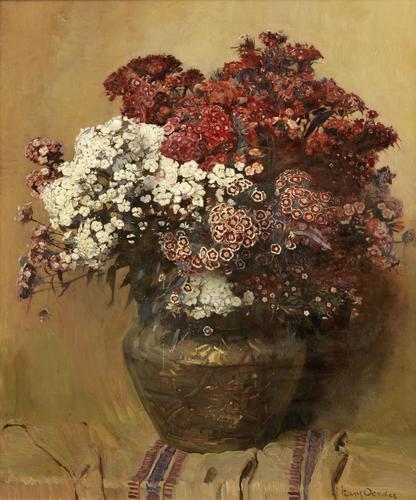 Still life with Sweet William in a copper pot by Frans Oerder