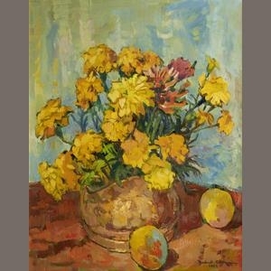 Still Life of Yellow Chrysanthemums and Peaches - Herbert Harold Coetzee
