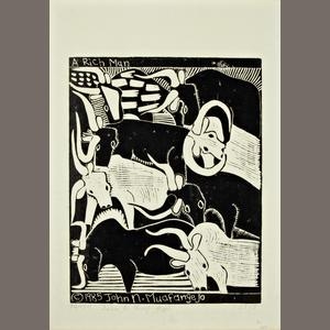 Artwork by John Ndevasia Muafangejo, 2 Works: A Rich Man; A Book on the Artist, Made of Linocut