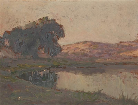 Landscape with lake and trees at sunset by Stephen Thomas, 1937