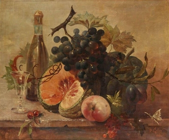 Still life with melons, peach, grapes and champagne bottle - D. Gilis