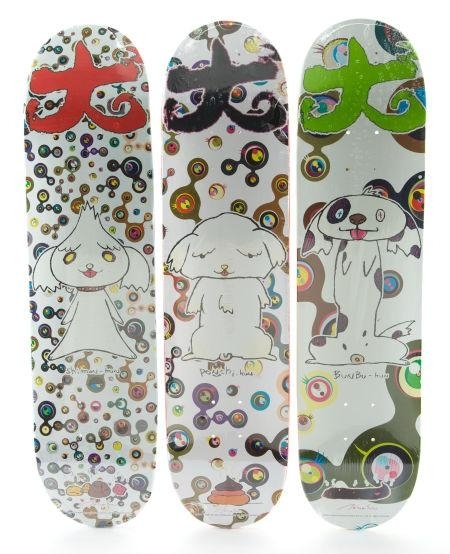 Takashi Murakami, BunBu-Kun, Ponchi-Kun, and Shimon-Kun Skateboard,  triptych (2007)