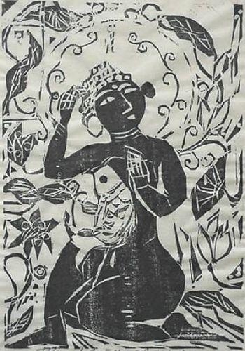 Artwork by Shiko Munakata, Fish and Flower and Female Buddha, Made of woodcut