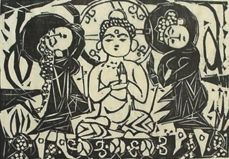 Artwork by Shiko Munakata, Gautama and Bodhisattvas, Made of woodcut