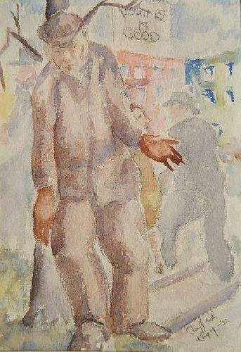 A watercolor study of a figure in a hat gesturing against a muted, impressionistic background.