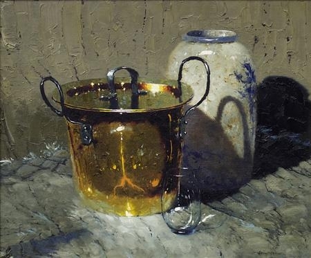Still life with a copper pot beside a Delft vase by Hennie Griesel