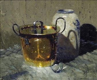 Still life with a copper pot beside a Delft vase - Hennie Griesel