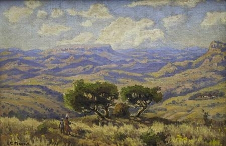 Mountainous landscape with figures & distant huts by Edward Charles Moore